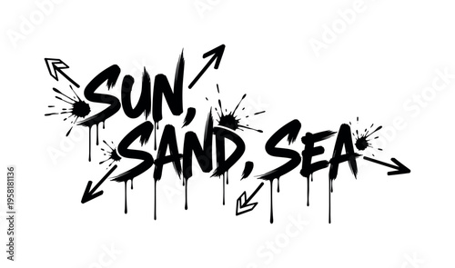 Sun, Sand, Sea. lettering and all elements in black. Vector style. AWhite background. Pure white background. Perfect isolation and visual consistency. Dynamic
