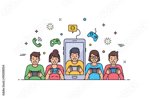 Mobile gaming group of friends playing games on mobile phones together with animated icons floating around representing multiplayer interaction, fun, and
