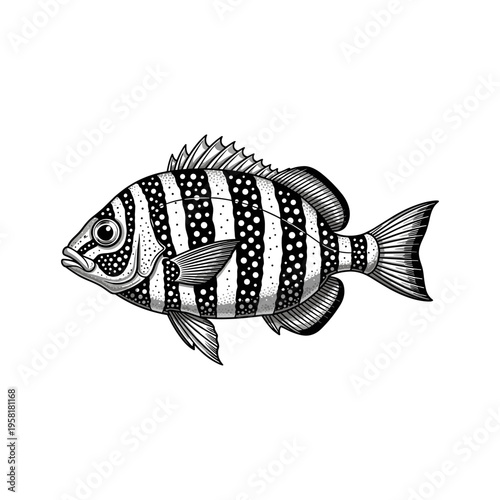 A black and white drawing of a fish with a pattern
