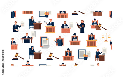 judicial deposition seamless pattern, lawyers questioning witnesses, legal files, gavels, courtroom furniture and professionals arranged in a repeating