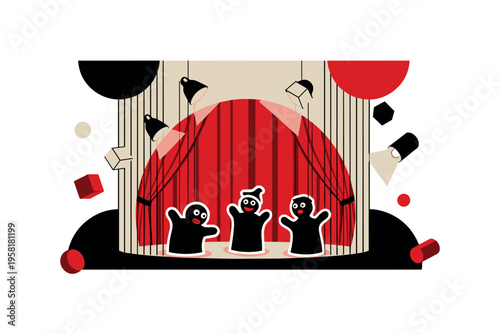 retro puppet theater stage with classic hand puppets performing, black and white puppets with white cut-out outline effect, bold red circle curtain backdrop