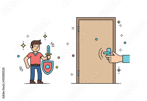 Hand closing a squeaky door with subtle vibration lines and tiny decorative dots, suggesting minor noise and attention to home detail in a friendly,