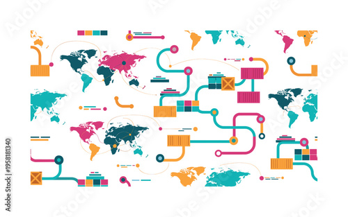 global trade networks seamless pattern, repeating pattern, surface design, textile print, modern illustration of connecting routes, shipping lines, cargo