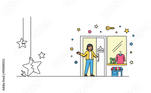 Fallen Star. Minimalistic one-line drawing star falling to ground or breaking apart symbolizing crushed dreams, continuous single black line on white