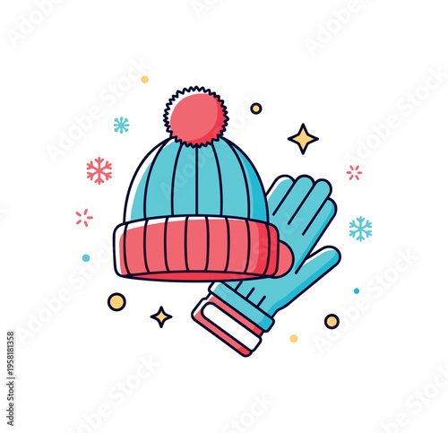 Frosty weather accessories winter hat with pom pom and insulated gloves placed together as a compact symbol of warmth and seasonal style. Small snowflakes and