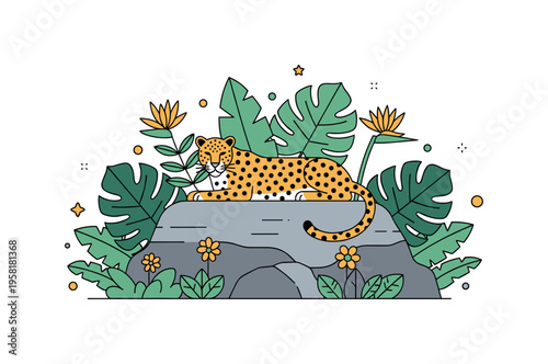 Tropical jungle leopard graceful leopard resting on a stylized rock surrounded by large rainforest leaves and small jungle flowers. The balanced composition