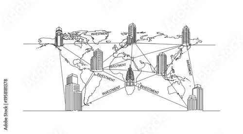 Multinational Business Growth. Minimalistic one-line drawing office towers in different countries connected by investment lines, continuous single black line