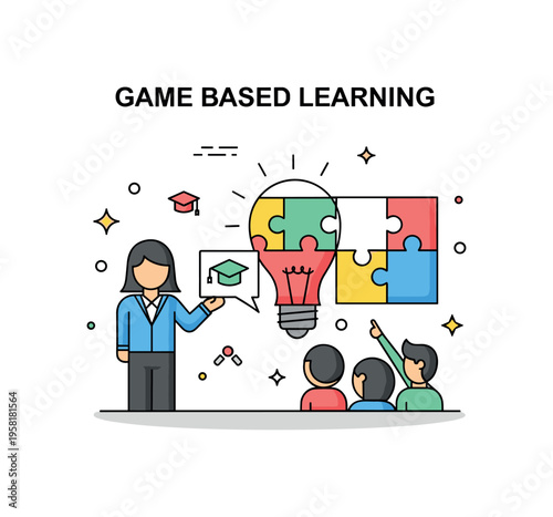 Game based learning lesson centered on a teacher icon guiding students through a puzzle game with colorful pieces forming a lightbulb shape. The illustration