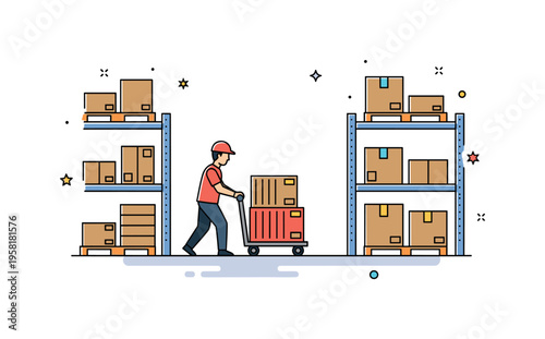 Industrial materials transport showing a worker moving stacked containers on a small trolley through a warehouse aisle. The scene represents daily operations