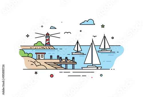 Coastal harbor landscape centered on a small dock with moored sailboats and a distant lighthouse near the waterline. The composition conveys the quiet rhythm
