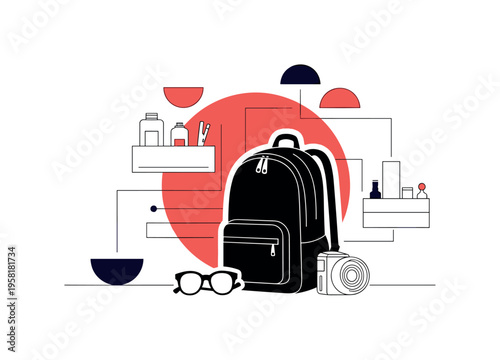 conceptual evacuation readiness scene with a black and white backpack standing beside minimal survival tools, white cut-out outline effect around the bag and