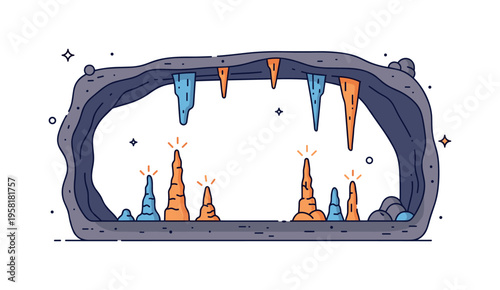Underground cave chamber natural cavern interior with stalactites hanging from the ceiling and stalagmites rising from the ground while small spark icons