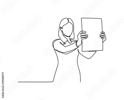 Health Education Flyer. Minimalistic one-line drawing person holding flyer or poster promoting wellness and prevention, continuous single black line on white