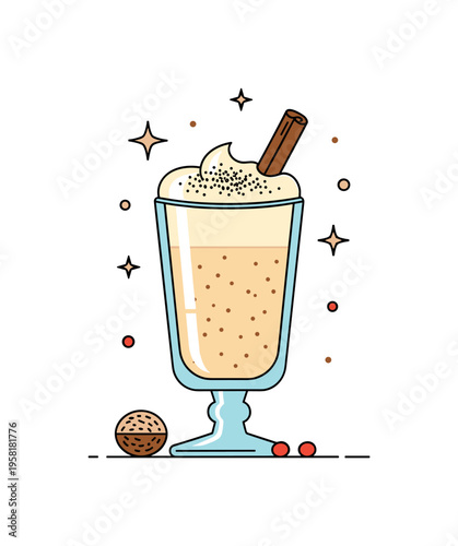 Eggnog holiday drink creamy festive glass topped with nutmeg sprinkle and cinnamon stick while small decorative stars suggest holiday celebration.