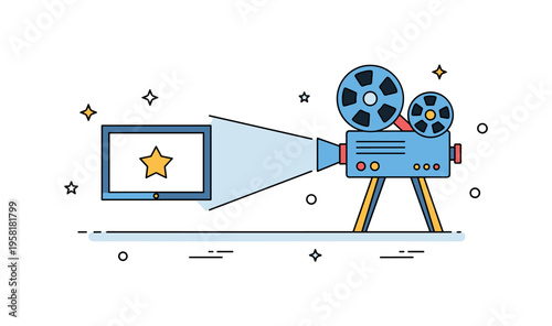 Independent cinema showcase with a film projector casting a soft beam of light toward a small screen displaying a star icon. Visual metaphor of creative voices