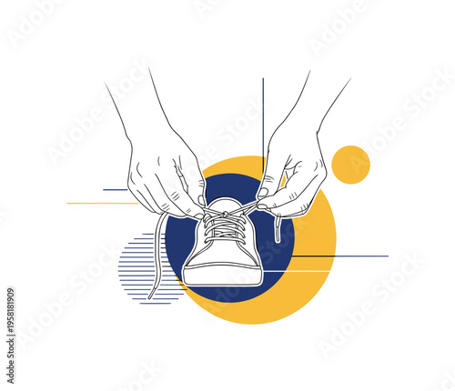 monochrome hand tying shoelaces as everyday occupational therapy task, white outline cut-out collage effect, layered geometric circles and thin linear shapes