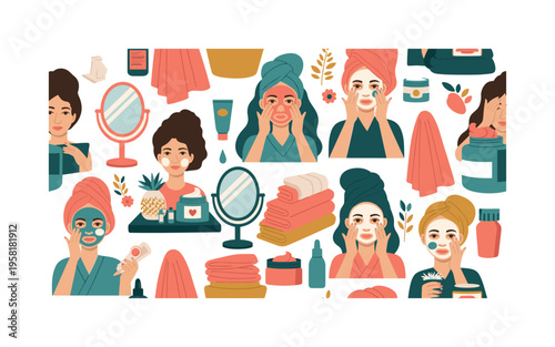 Face care beauty ritual seamless pattern, people applying masks creams serums and using mirrors skincare jars and towels arranged in a repeating pattern, white
