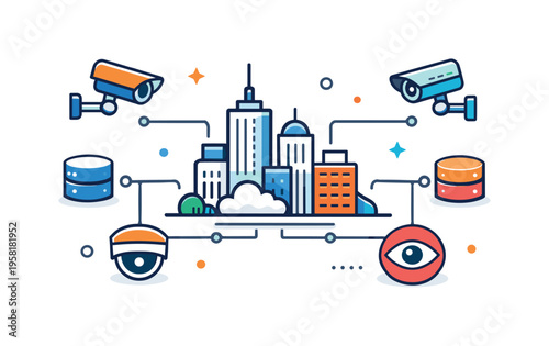 Digital surveillance society represented by a city skyline connected with lines to cameras and data nodes, suggesting overreach, monitoring, and lack of