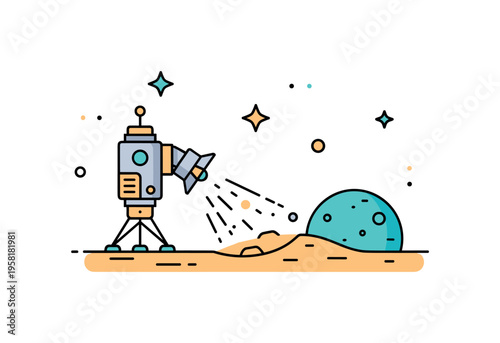 Terraforming technology scene with a compact space station device projecting energy toward a dry planetary surface. Small star accents highlight scientific