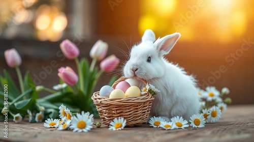Adorable Easter Bunny Holding Basket of Pastel Eggs
