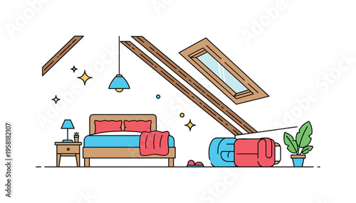 Attic bedroom makeover small cozy bed positioned beneath angled wooden beams with a skylight window above letting in light. Soft sparkle icons convey the