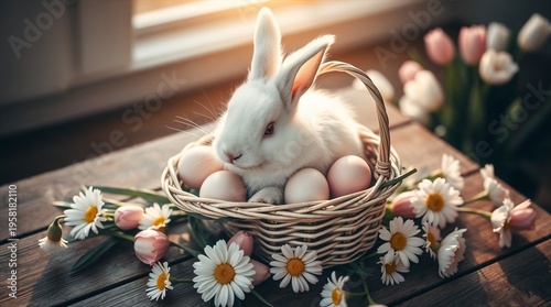 Adorable Easter Bunny Holding Basket of Pastel Eggs