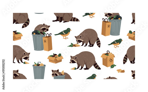 urban scavenger animals seamless pattern, raccoons birds and stray animals searching through trash cans food scraps and boxes arranged in a repeating pattern,