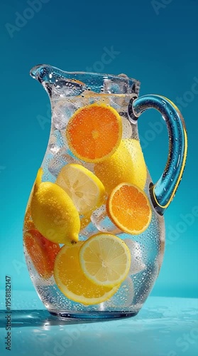Refreshing Summer Lemonade Pitcher with Ice and Citrus Slices on Light Blue Background