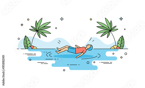 Lagoon levitation scene showing a calm figure gently floating over shallow blue water while palm leaves and soft wave shapes frame the composition. The moment
