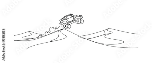 Desert Motion Ride. Minimalistic one-line drawing vehicle bouncing over sand dunes during off-road adventure, continuous single black line on white background,