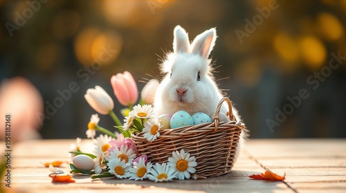 Adorable Easter Bunny Holding Basket of Pastel Eggs