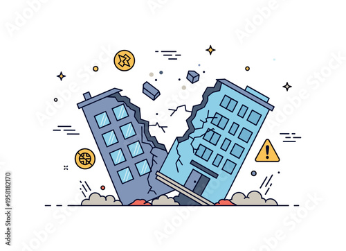 Earthquake aftermath damaged building with visible cracks and fallen debris while small dust particles and warning icons highlight the impact of a seismic