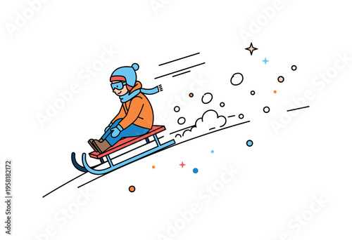 Snow hill sledding moment child reaching the bottom of a snowy hill on a sled while soft snow sprays outward from the movement. The composition captures the