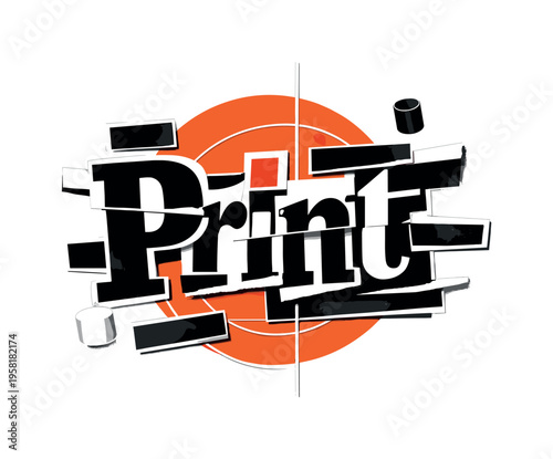 Black and white fragmented headline typography with overlapping uppercase and lowercase forms, bold orange circular halo intersected by thin white grid lines,