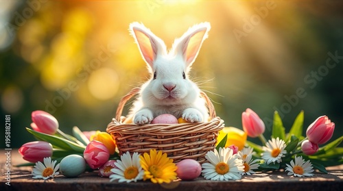 Adorable Easter Bunny Holding Basket of Pastel Eggs