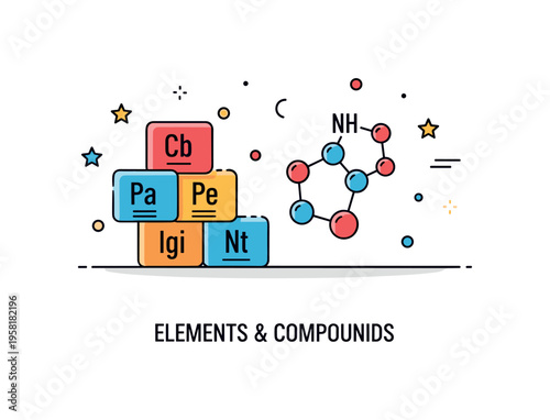 Elements and compounds concept periodic element tiles placed beside a simple molecule diagram forming a small educational chemistry scene. The illustration