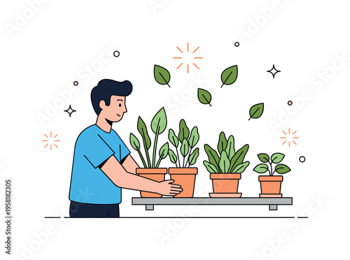 Urban indoor gardening person arranging several potted plants on a small shelf while leaves and spark icons emphasize freshness and natural energy inside the