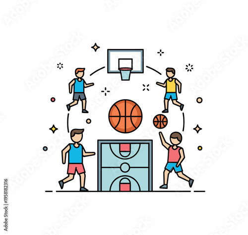 Basketball team strategy scene with a small court diagram and player icons moving around a central basketball suggesting coordinated plays and teamwork during
