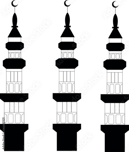 A silhouette of three elegant minarets, iconic symbols of Islamic architecture, stand tall against the clear sky, showcasing intricate design and cultural heritage.