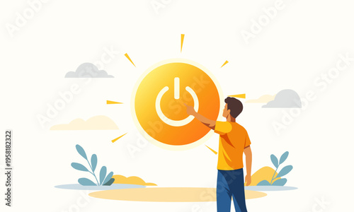 Concept illustration of activating solar energy. Person turning on sun power symbol representing energy, sustainability and renewable resources. Metaphor of starting energy flow and powering systems.