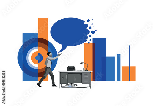 monochrome figure stepping out from behind a desk holding a bold speech bubble symbolizing self-advocacy and confidence, layered geometric circles and vertical