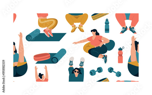 calisthenics motifs seamless pattern, people doing jumping jacks, sports clothes, sneakers, yoga mats, dumbbells, sweatbands and water bottles arranged in a