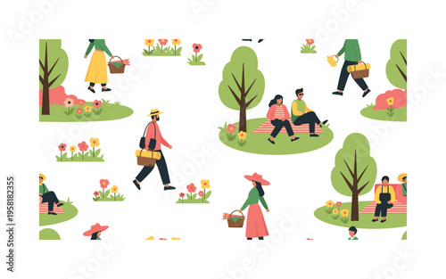 Park picnic and stroll seamless pattern, people walking with picnic baskets blankets trees and flower patches arranged in a repeating pattern, white background