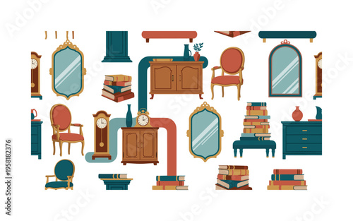 classic interior elements seamless pattern, antique mirrors, chairs, wooden cabinets, clocks and old books arranged in a repeating pattern, white background