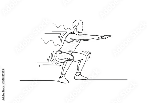 Physical Activity Reaction. Minimalistic one-line drawing person performing squats with motion lines and energy flow indicators, continuous single black line