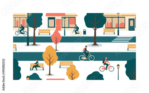 evening street pattern seamless pattern, streetlights, sidewalks, benches, trees, bicycles and pedestrians arranged in a repeating pattern, white background