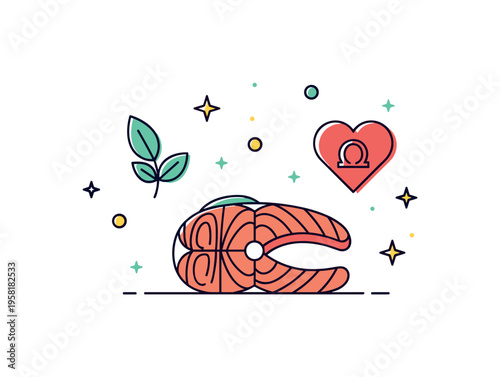 Healthy seafood nutrition concept centered on a salmon fillet paired with a small heart icon symbolizing heart healthy omega rich foods. The scene expresses