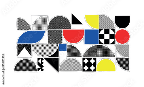 colorful quilt pieces arranged, geometric shapes semicircles and abstract blocks emphasizing design and composition, black and white retro realistic patchwork