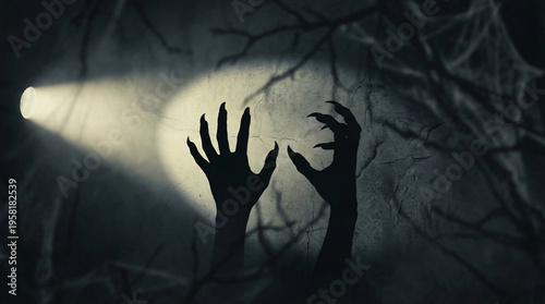 scary halloween background with hands shadow silhouettes on spooky tree shadows and wall cracks background