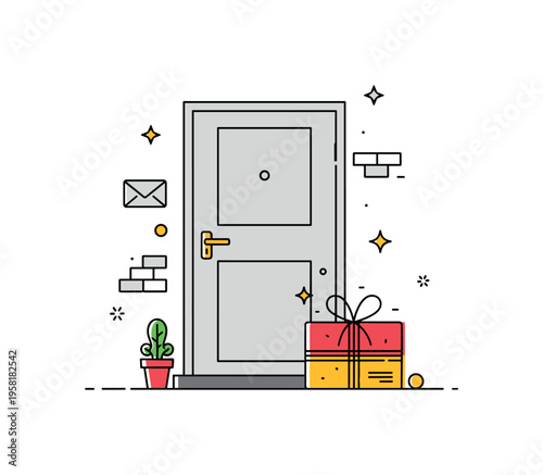 Mail delivery joy featuring a doorstep scene with a bright holiday package tied with ribbon waiting beside the door. Subtle star accents suggest anticipation
